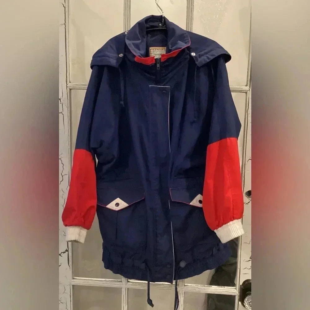 Current Seen Vintage Jacket Snap Button Hooded Coat, Red White Blue, Size M